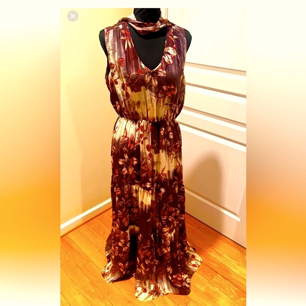 WESLEEROSE Floral Sleeveless Maxi Dress with attached scarf, shimmering material